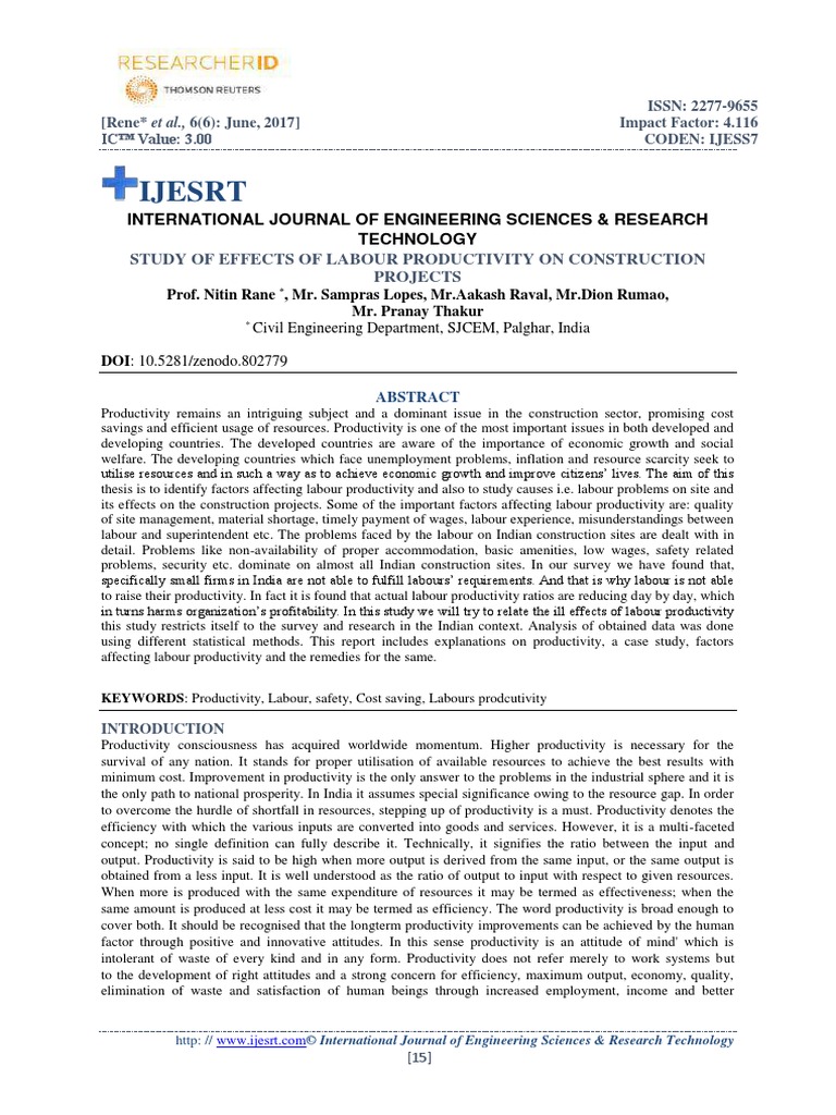 Study Of Effects Of Labour Productivity On Construction Projects Pdf