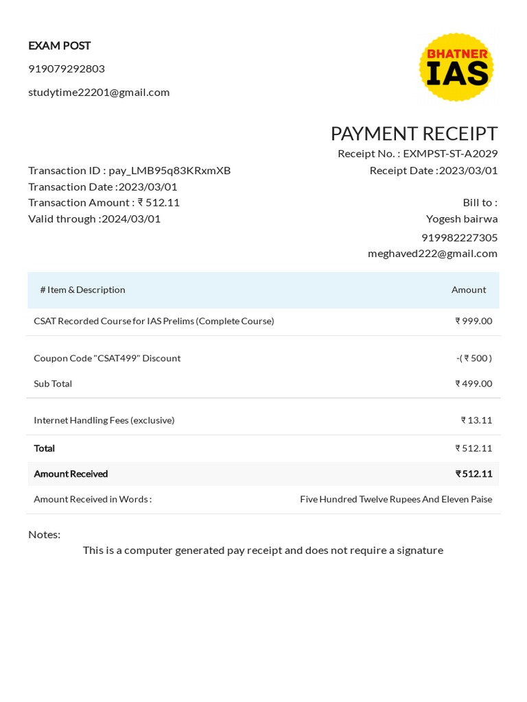IAS Prelims CSAT Course Payment Receipt | PDF