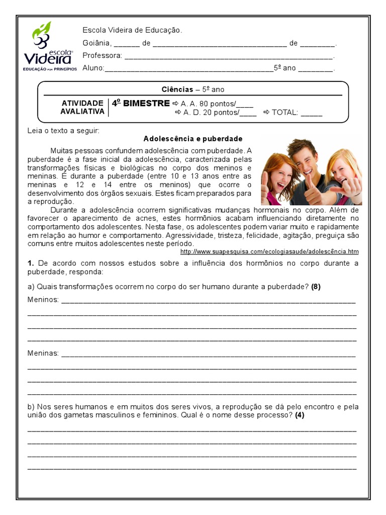 5 Ciencias Atividade Avaliativa | PDF | Puberdade | Adolescência
