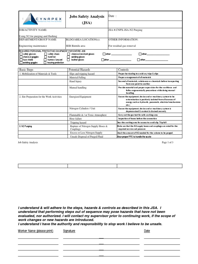 Nitrogen Purging Job Safety Analysis | PDF | Welding | Construction