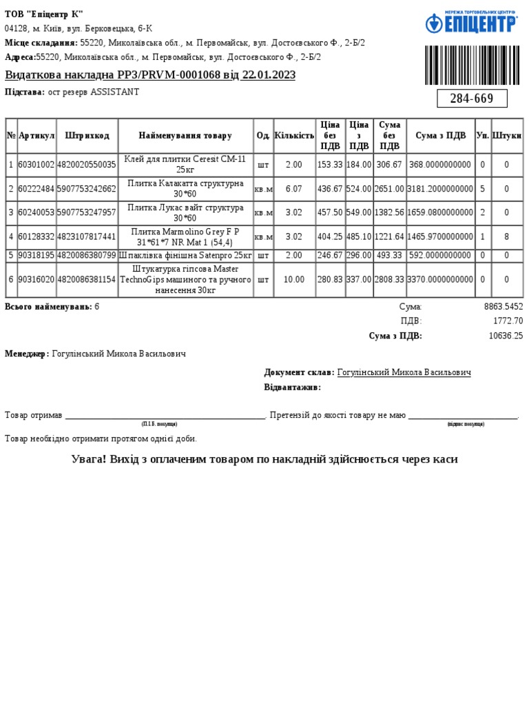 Видаткова накладна РРЗ/PRVM-0001068 від 22.01.2023 | PDF