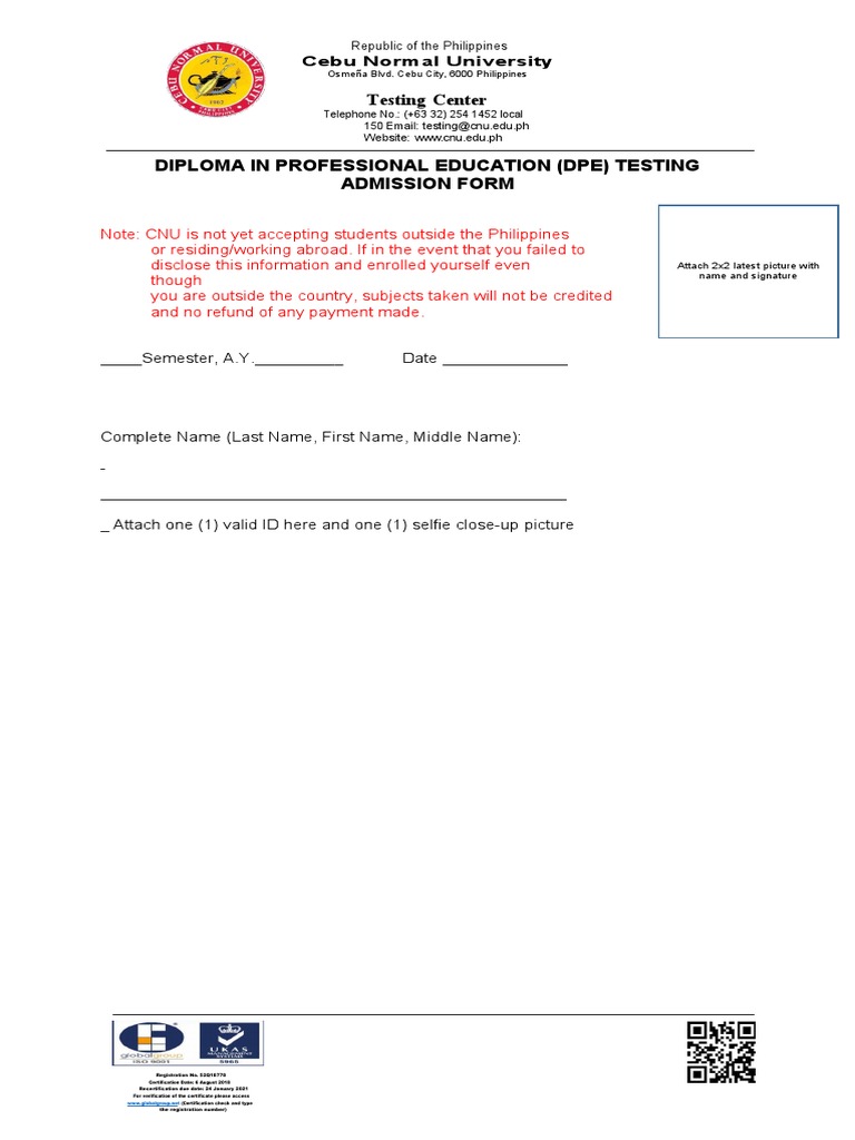 CNU DPE Admission Form p2 Minnie Cherryl Labang | PDF