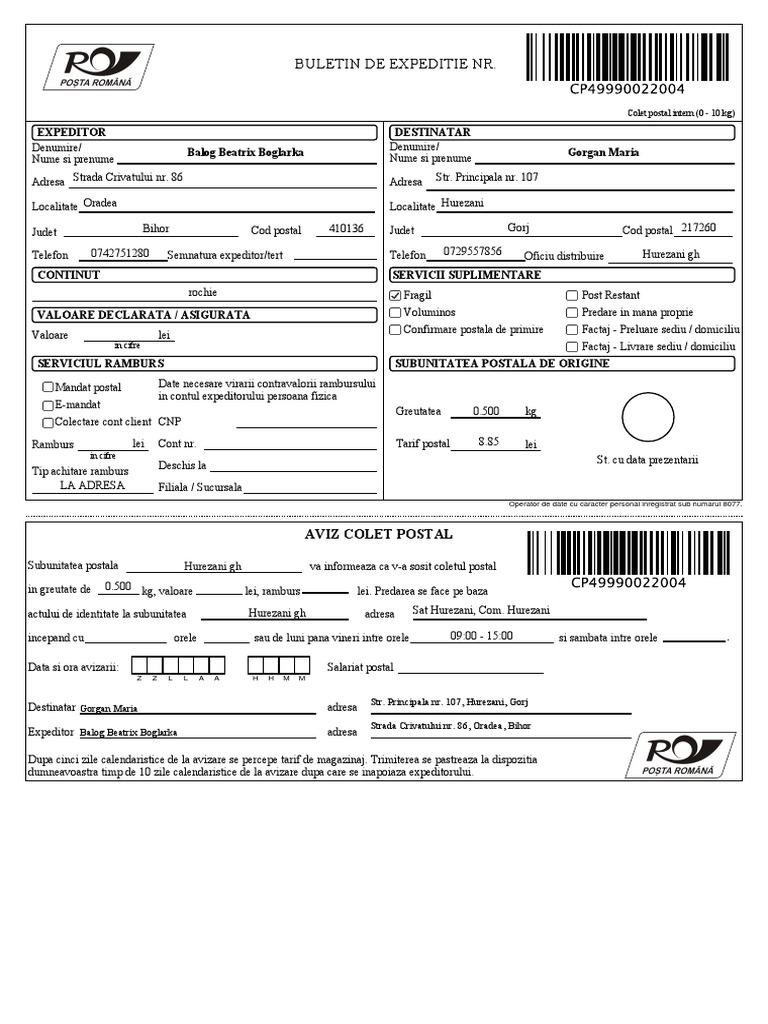 Buletin de Expeditie NR.: Expeditor Balog Beatrix Boglarka Destinatar ...