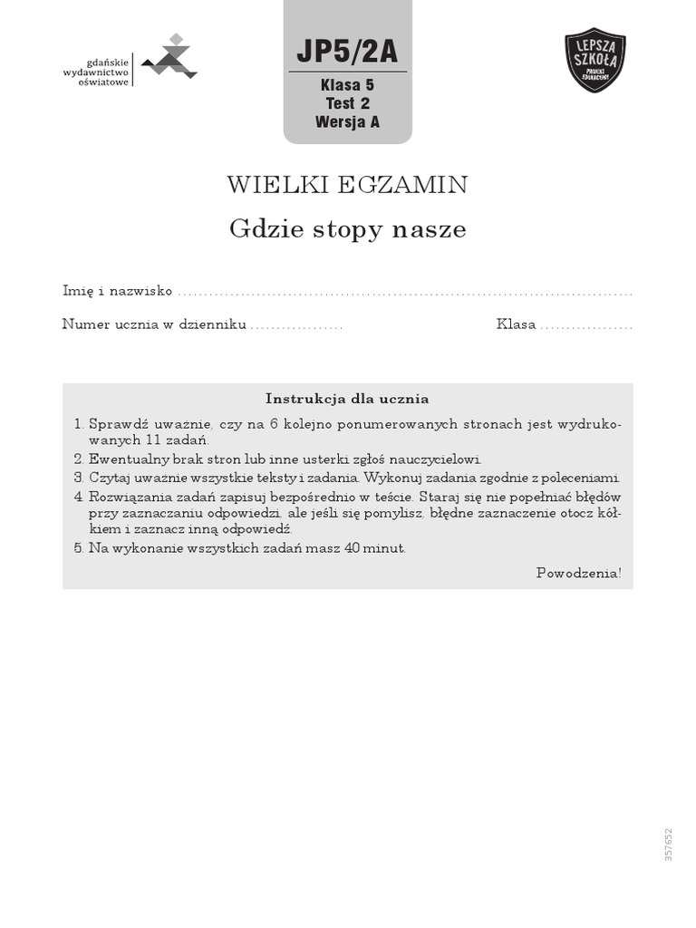 Lepsza Szkoła Testy Klasa 5 KL 5 WE Test 2 Gdzie Stopy Nasze Wersja A | PDF