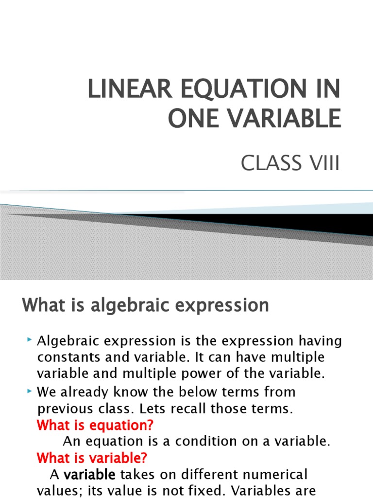 Linear Equation in One Variable Class 8 | PDF | Equations | Variable ...