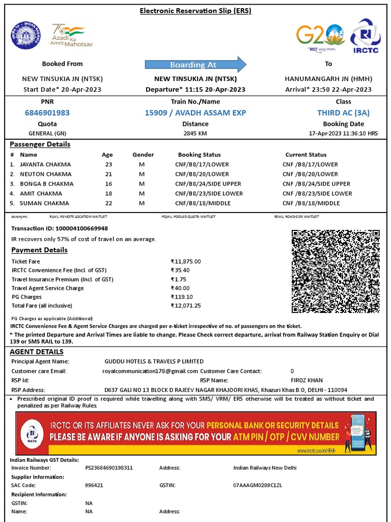 Reservation Slip for Travel on Avadh Assam Express from New Tinsukia to ...