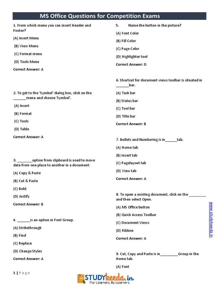 MS Office Questions For Competition Exams Correct Answer A Correct