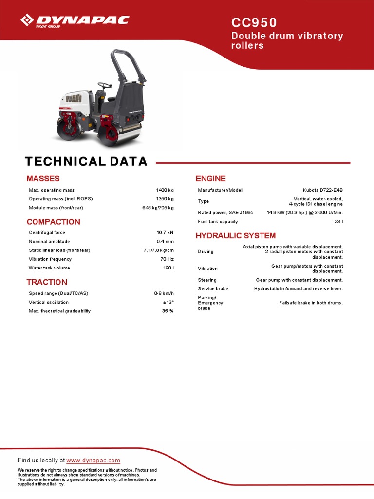 CC950 Double Drum Roller Specifications | PDF | Pump | Horsepower