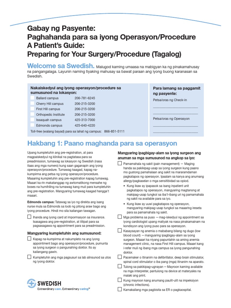 Gabay NG Pasyente Paghahanda para Sa Iyong Operasyon/Procedure A