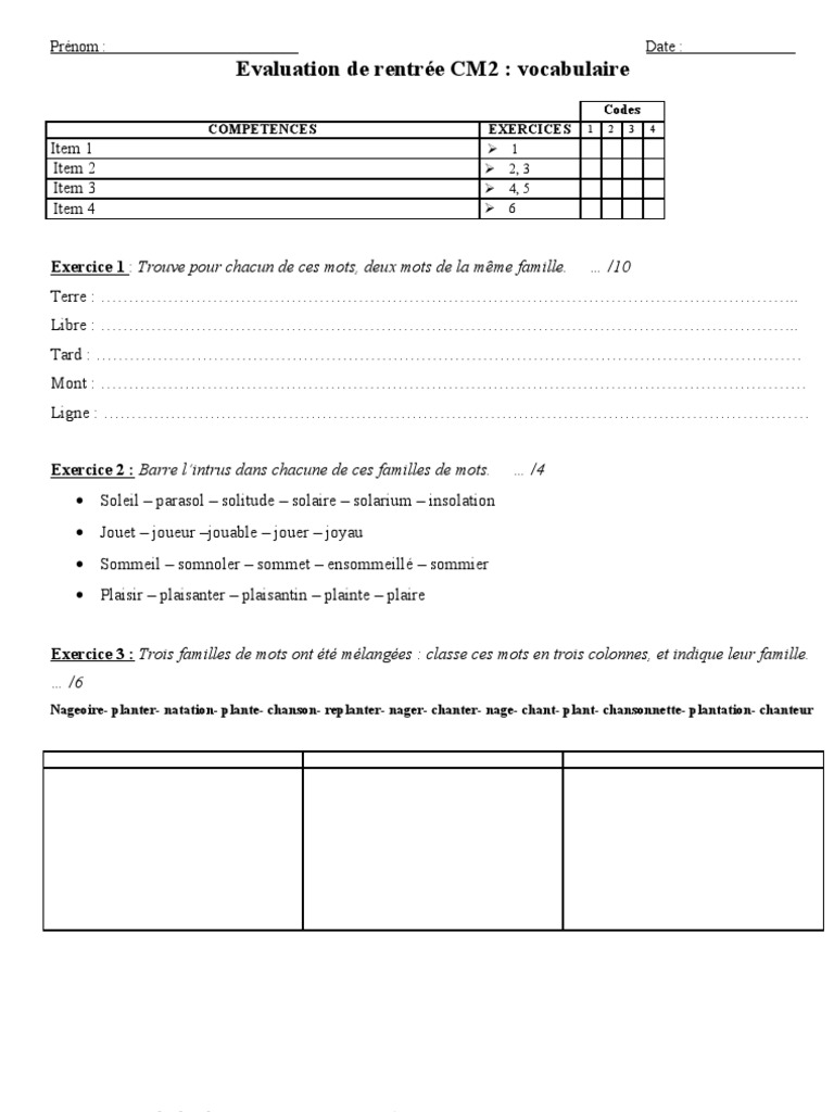 Mots De La Même Famille Que Nager Eval Rentrée CM2 Vocabulaire | PDF | Des sports
