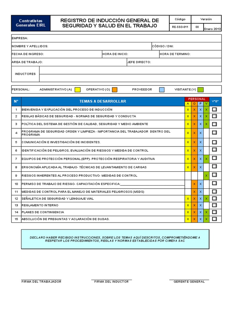 RE-SSO-011 Registro de Inducción General de Seguridad y Salud en El ...