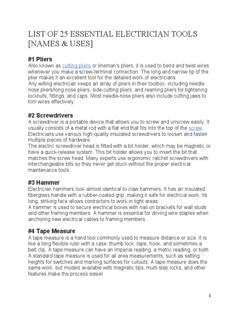 List of 25 Essential Electrician Tools | PDF | Electrical Connector ...
