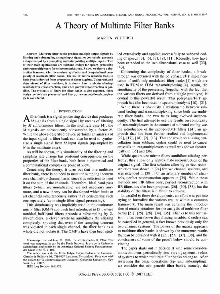 Vetterli A Theory of Multirate Filter Banks IEEE Aucustics 1987 | PDF ...