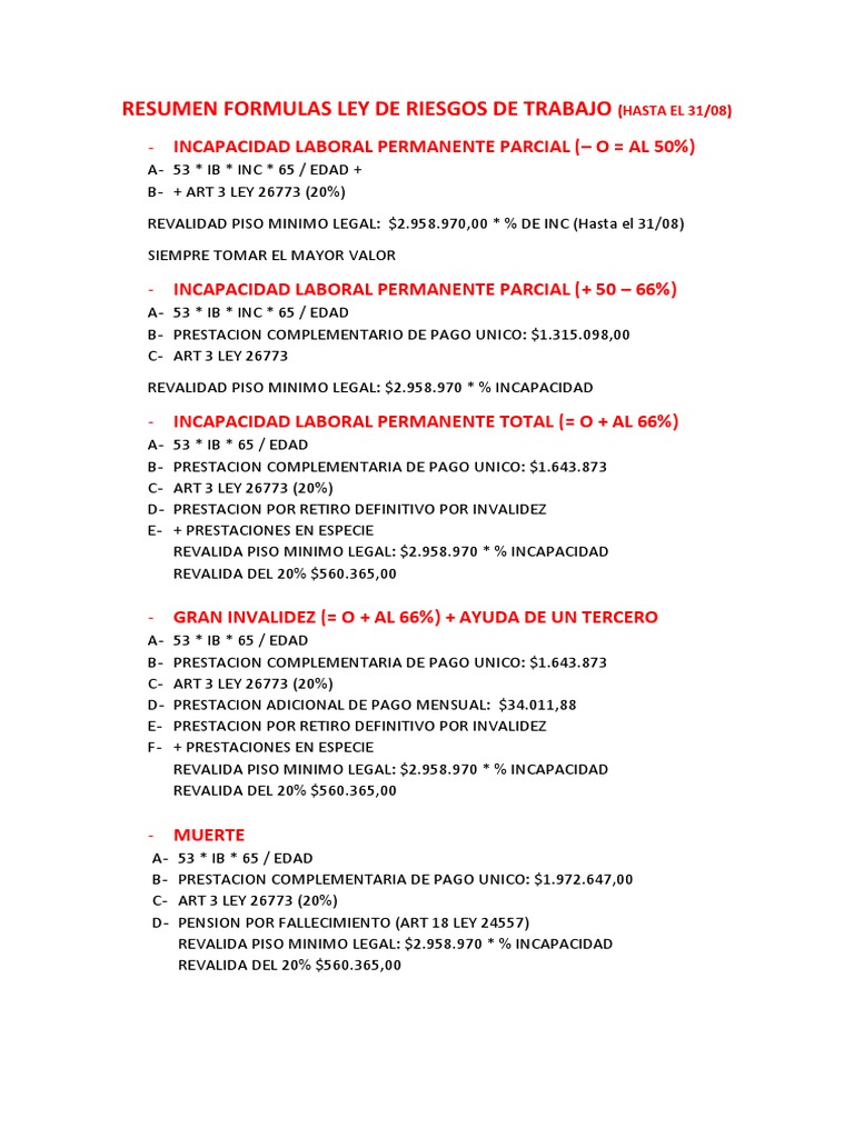 Resumen Formulas Ley de Riesgos de Trabajo | PDF