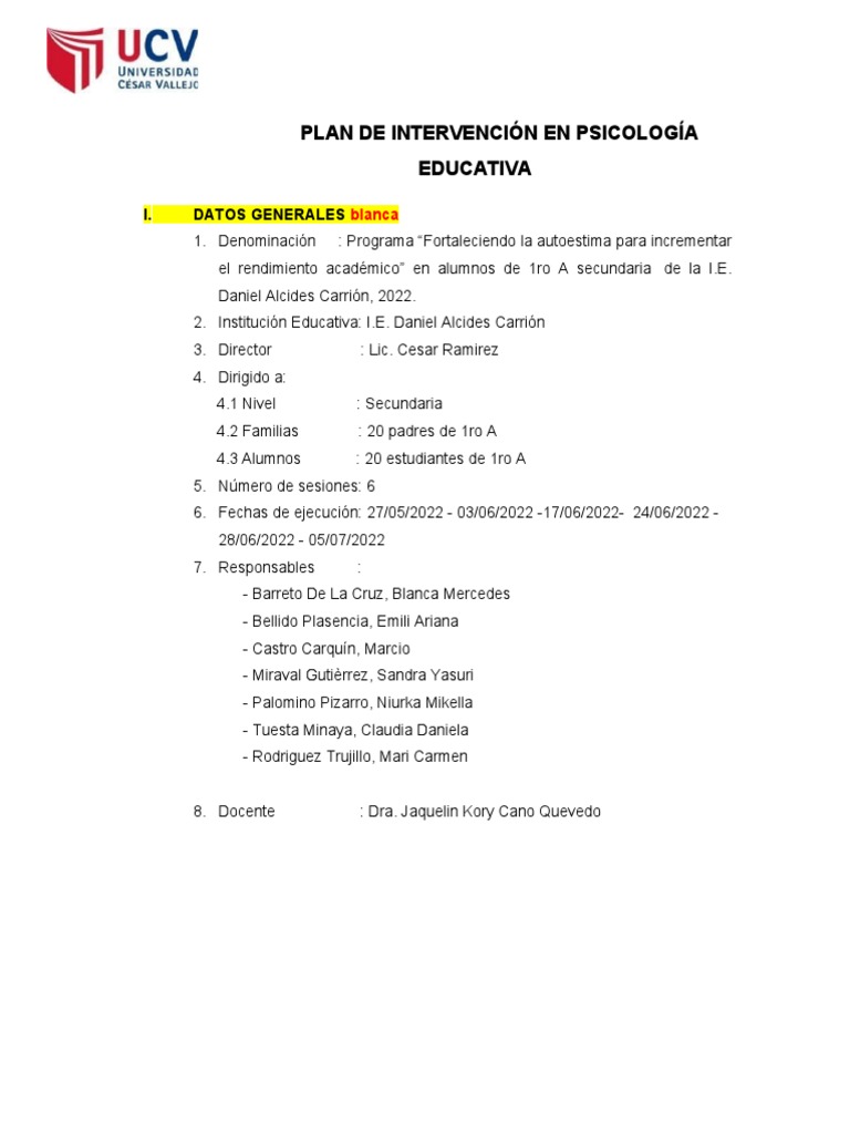 Plan de Intervención: Autoestima y Rendimiento | PDF | Autoestima ...