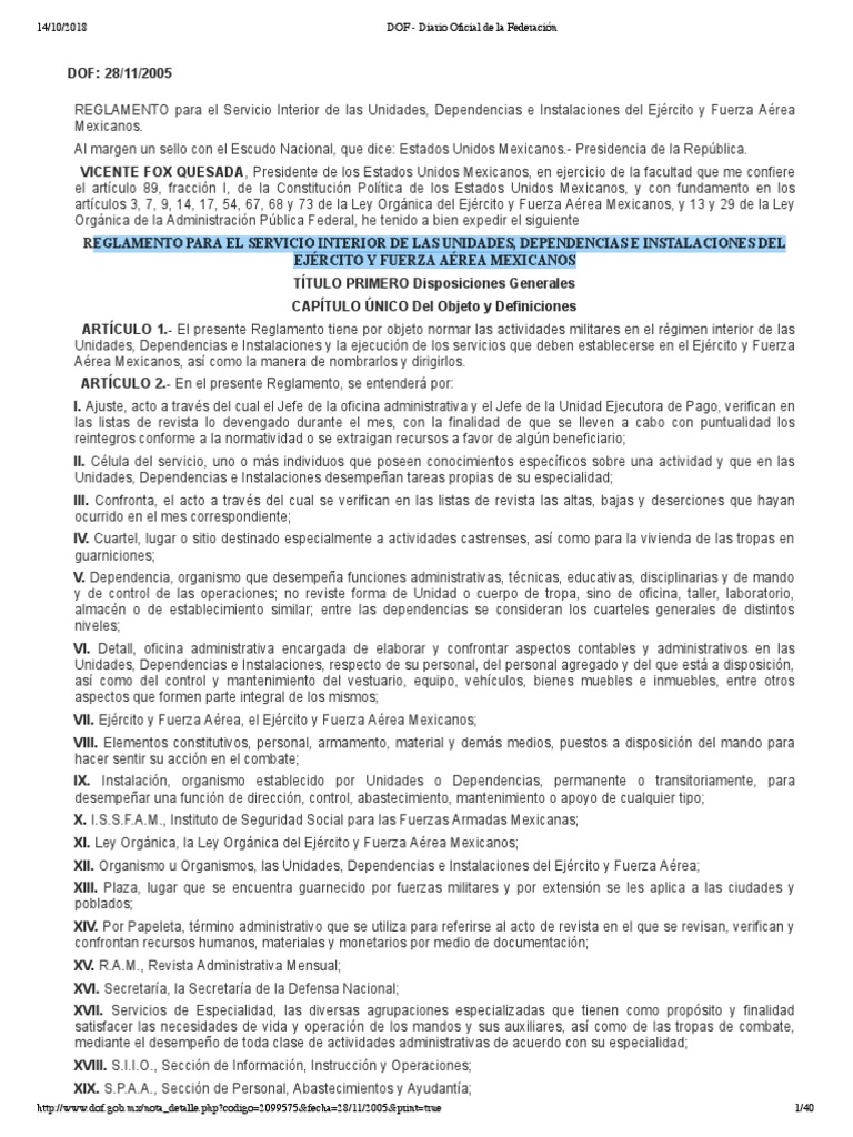 Reglamento para el Servicio Interior de las Unidades, Dependencias e Instalaciones del Ejército