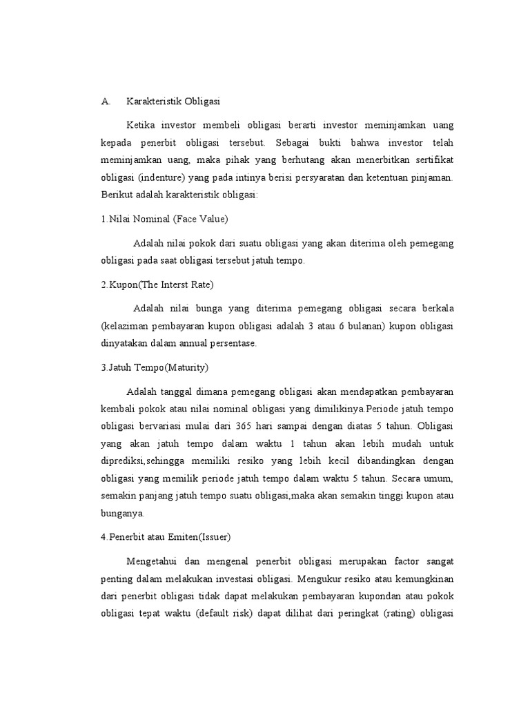 Karakteristik Dan Jenis Obligasi Investasi Pdf