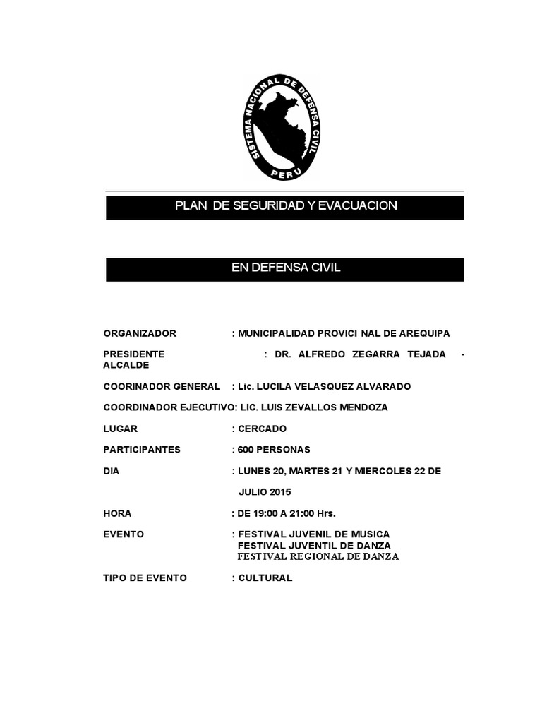 Plan de Seguridad y Evacuación Arequipa | PDF | Defensa Civil ...