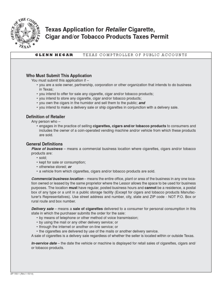 texas tobacco distributor license Texas Tobacco Retailer Permit Application | PDF | Cigarette