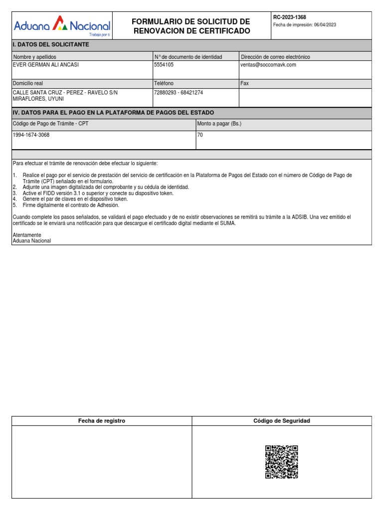 Solicitud de Renovación de Certificado | PDF