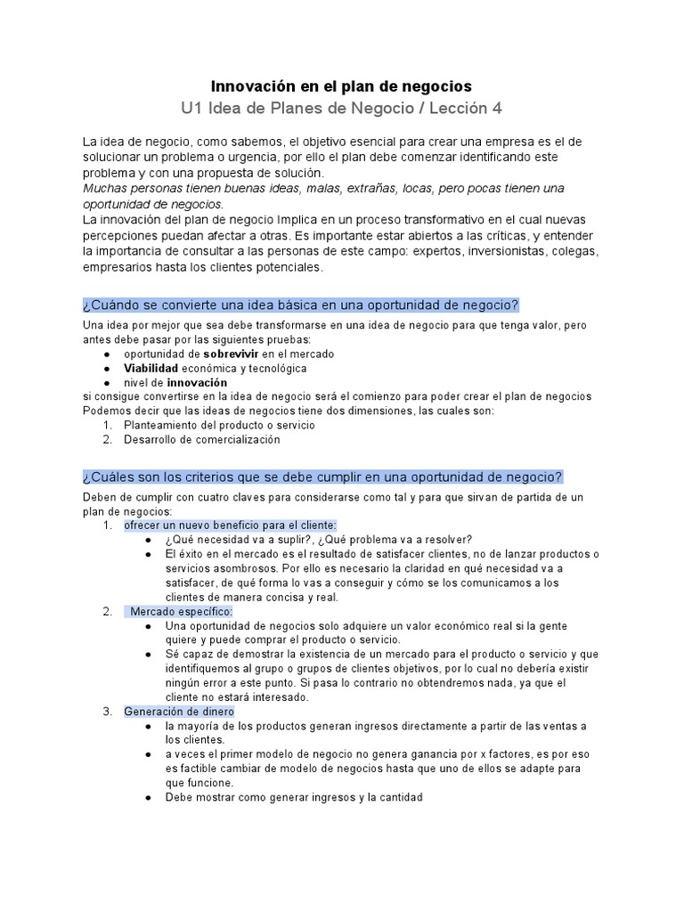 U1 - Lección 4 Innovación - en - El - Plan - de - Negocios | PDF ...