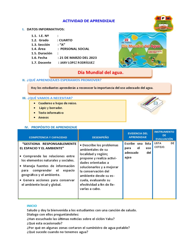 Sesión de Aprendizaje: Cuidado del Agua | PDF | Agua | Ciencias de la ...