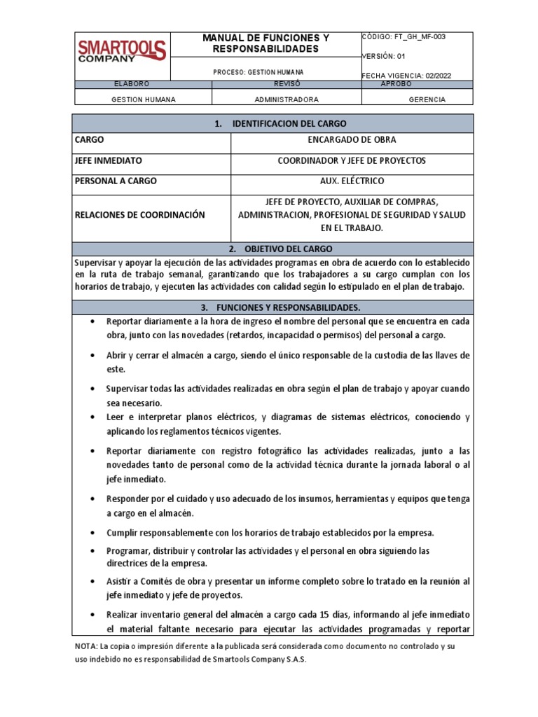 Manual de Funciones Encargado de Obra | PDF