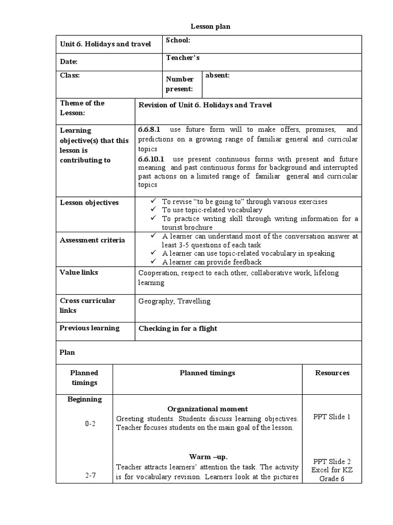 Grade 6 Holiday Travel Lesson Plan | PDF | Lesson Plan | Learning