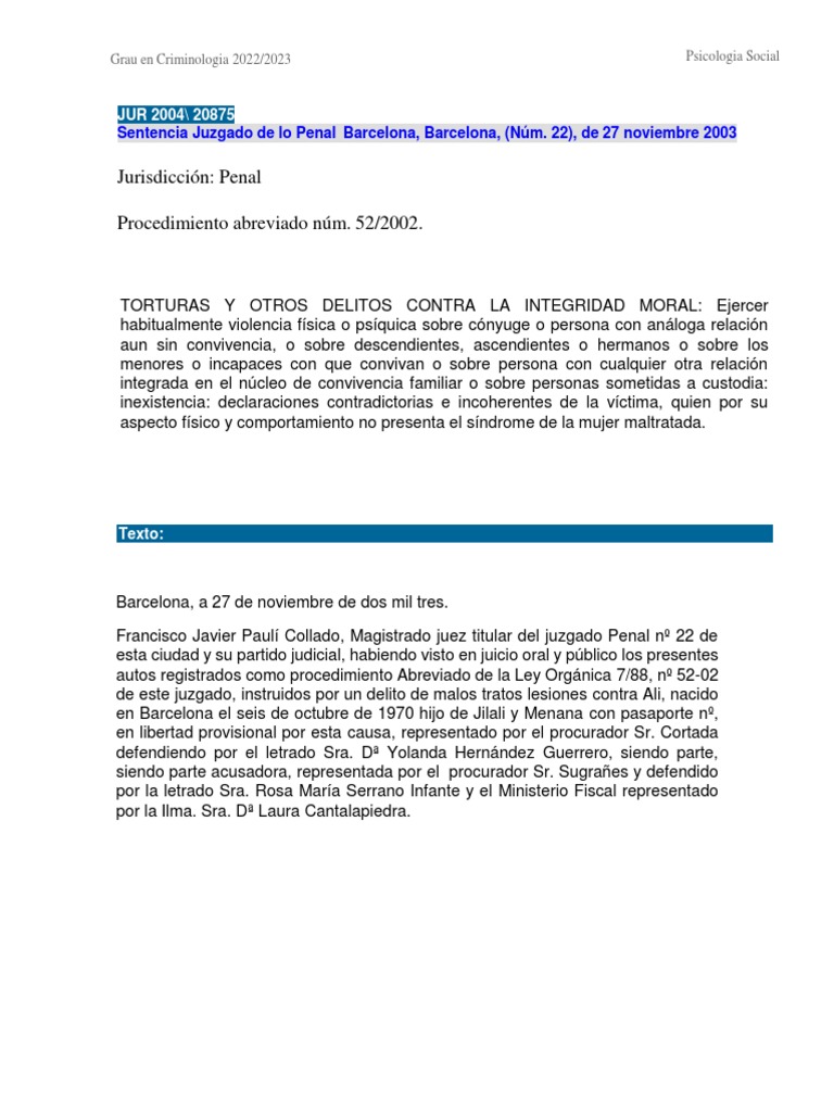 Sentencia sobre Violencia de Género en Barcelona | PDF | Sentencia (ley ...