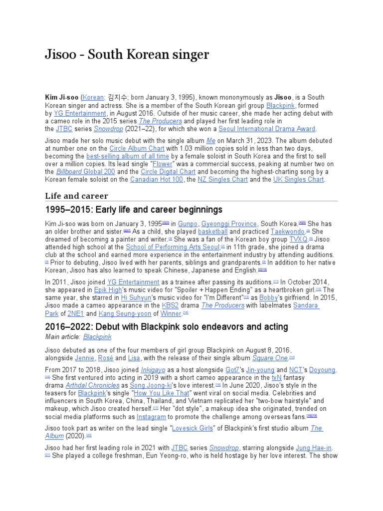 Jisoo South Korean Singer - From Wikipedia | PDF