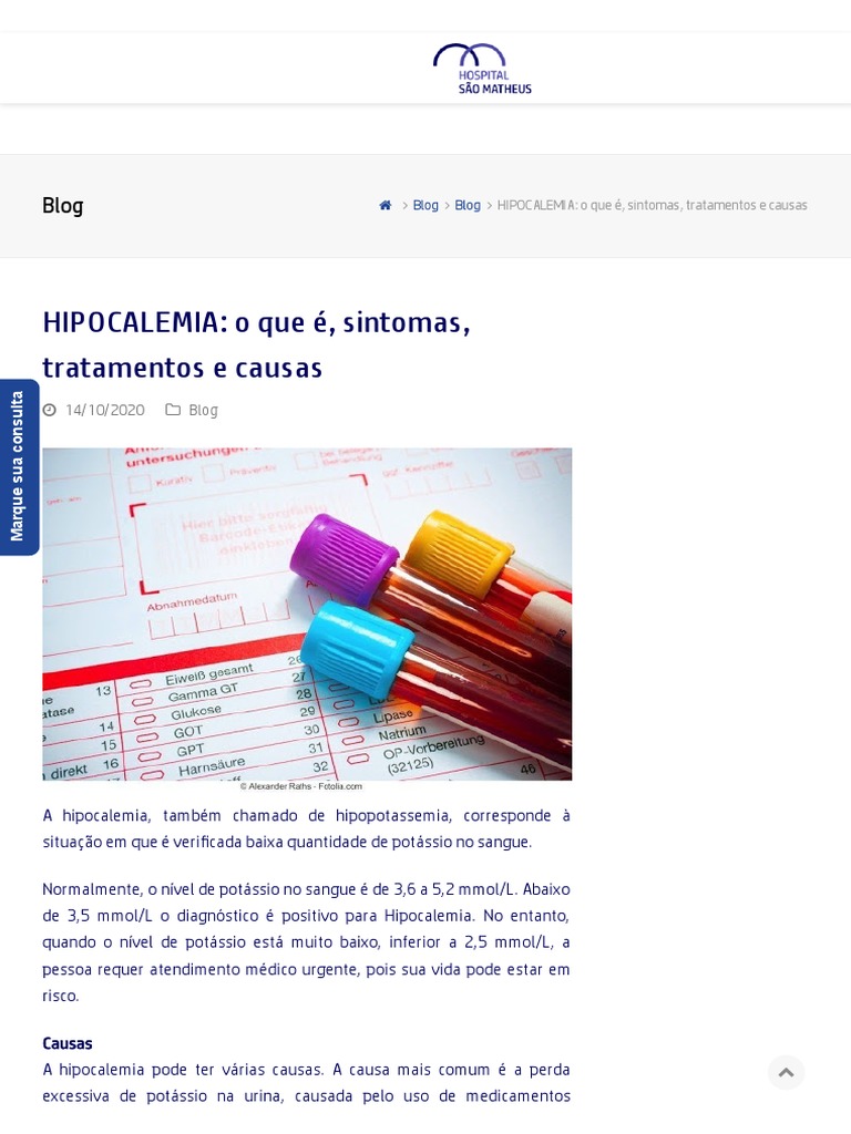 HIPOCALEMIA - o Que É, Sintomas, Tratamentos e Causas - Hospital São ...