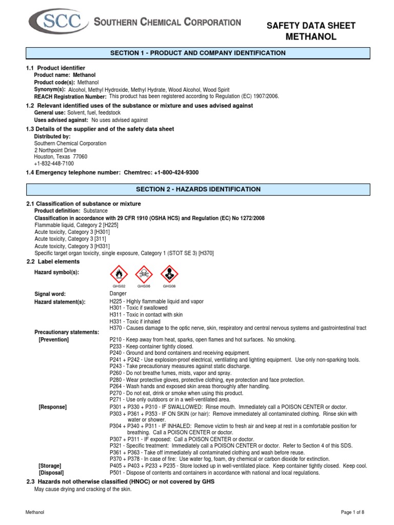 Methanol msds pdf dangerous goods waste