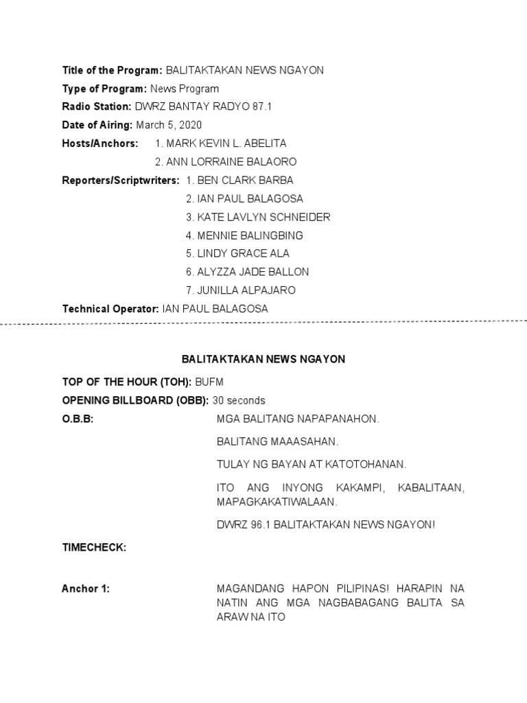 Balitaktakan News Script | PDF