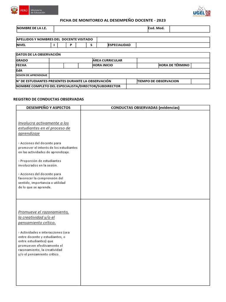 Ficha de Monitoreo Docente 2023 | PDF | Evaluación | Aprendizaje