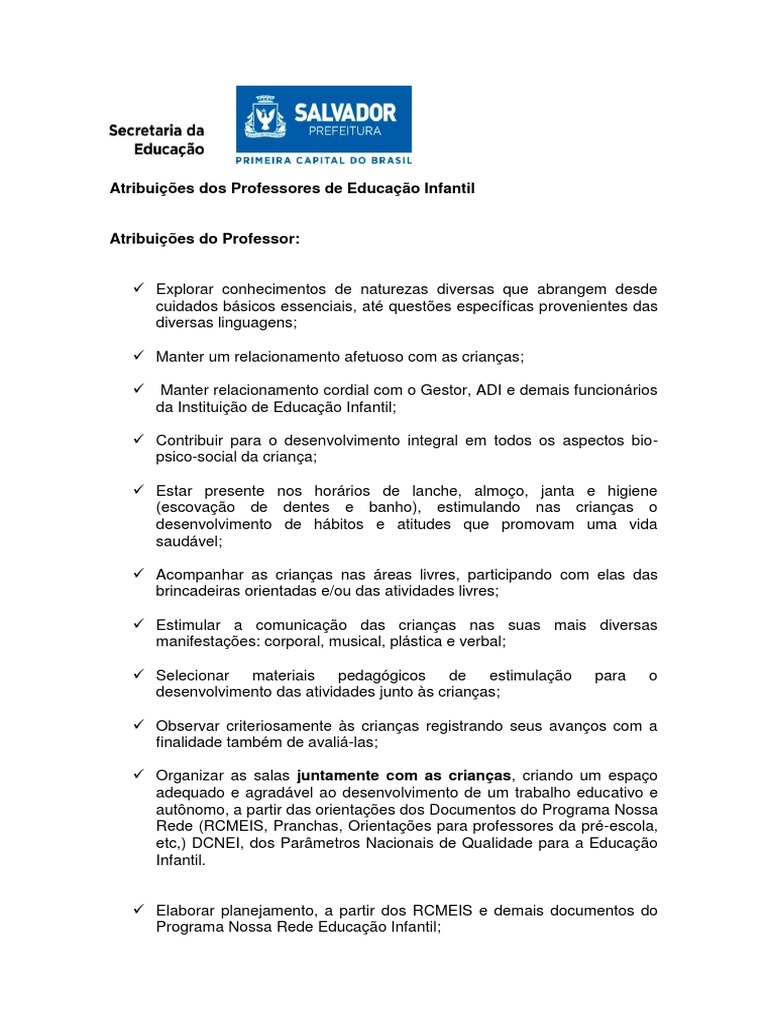 Atribuições Dos Professores e ADI | PDF | Pré-escola | Pedagogia