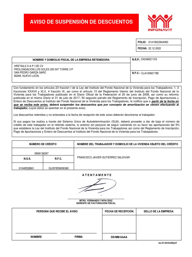 Suspensión y Modificación de Descuentos INFONAVIT | PDF | Salario ...