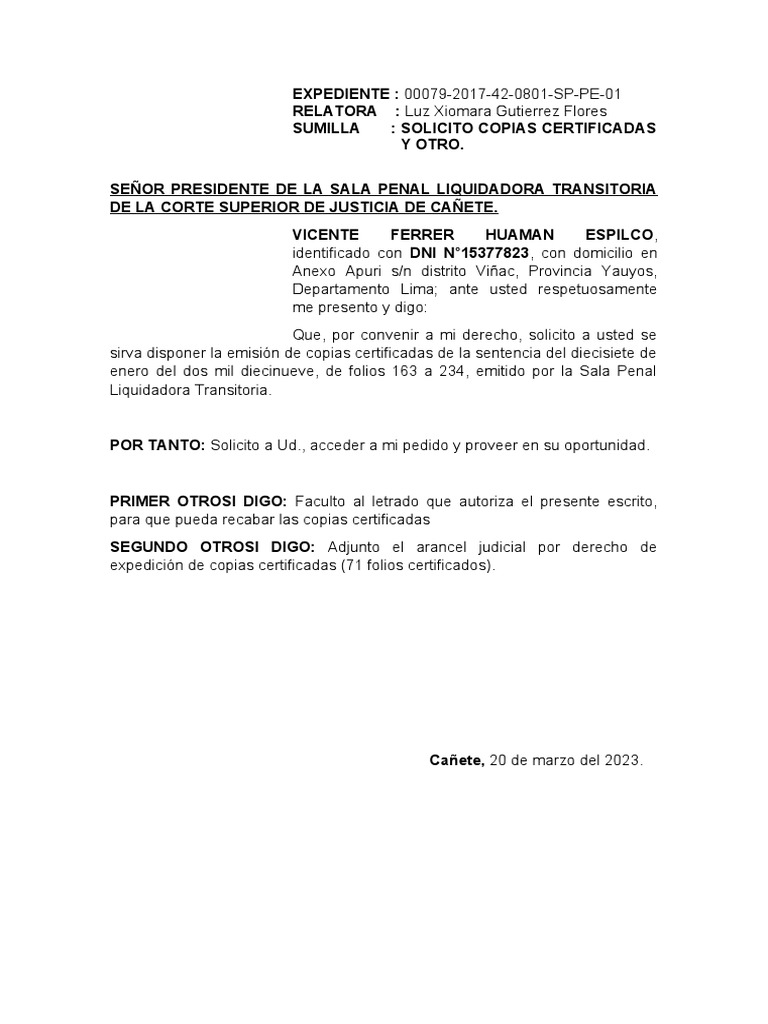 Escrito de Copias Certificadas | PDF
