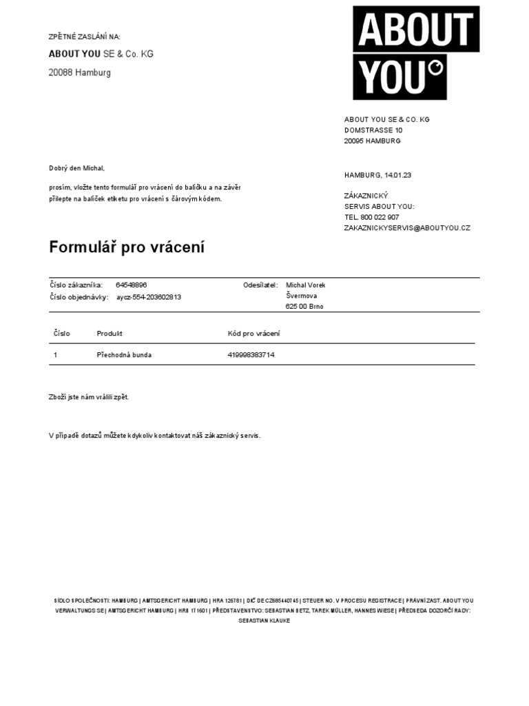 Formulář Pro Vrácení: 20088 Hamburg | PDF