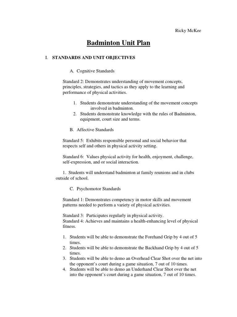 Badminton Unit Plan PDF PDF Racquet Sports Sports