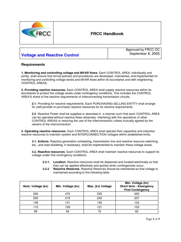 FRCC Voltage and Reactive Control Handbook | PDF | Electric Power ...