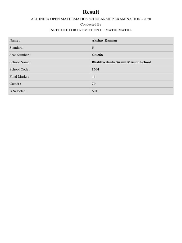 Result all india open mathematics scholarship examination 2020