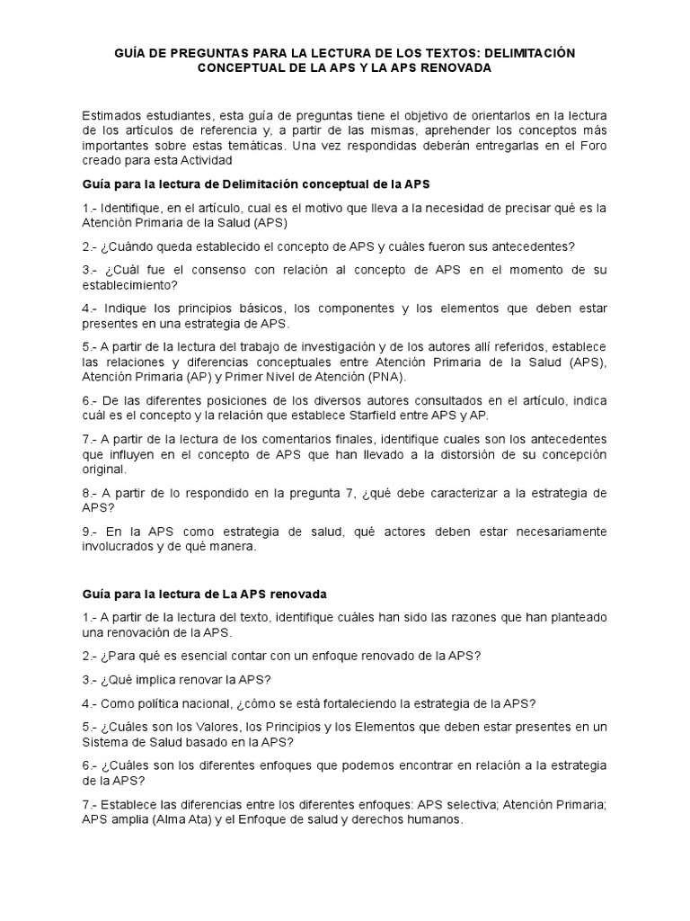 Guía de Preguntas Delimitación Conceptual APS y APS Renovada | PDF ...