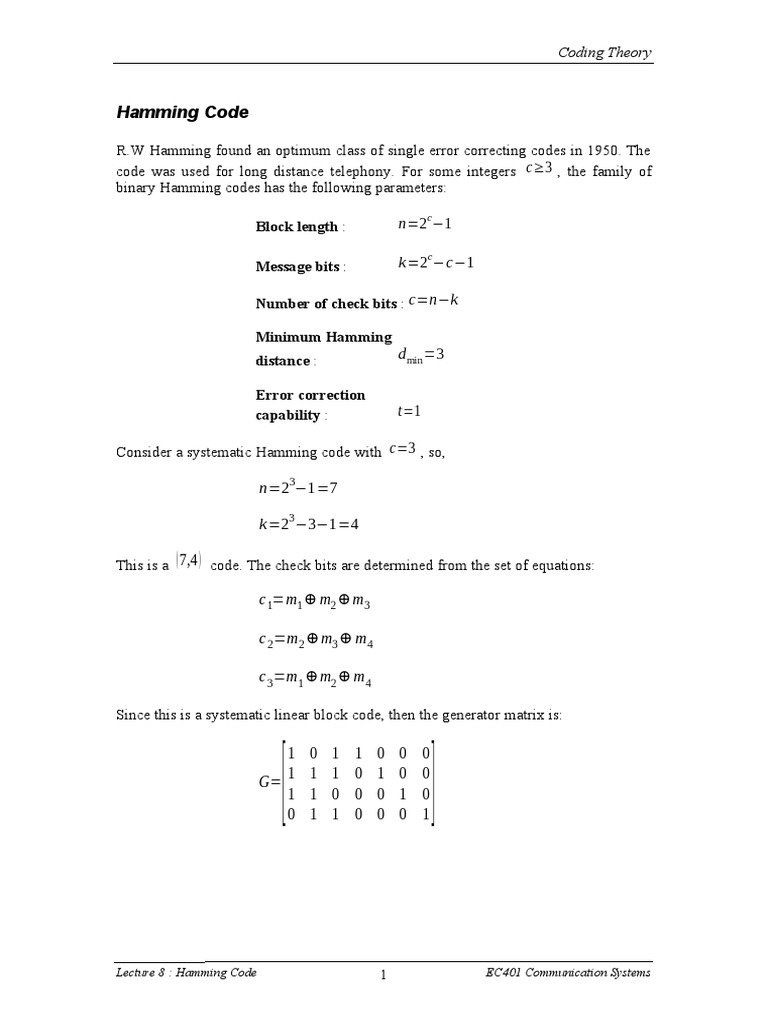 Lecture 8 hamming code pdf telecommunications engineering encodings