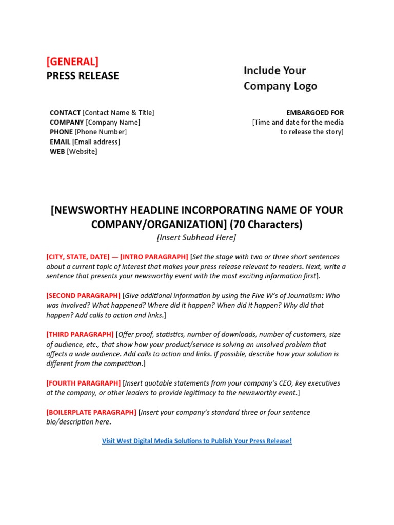 [PRESS RELEASE SAMPLE 1] General Press Release Www.westUC PDF