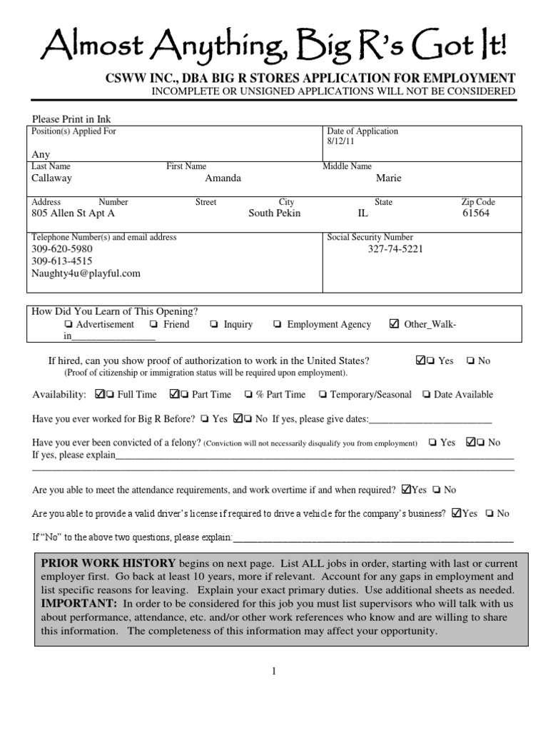 Big R Stores Job Application | PDF | Telephone | Email