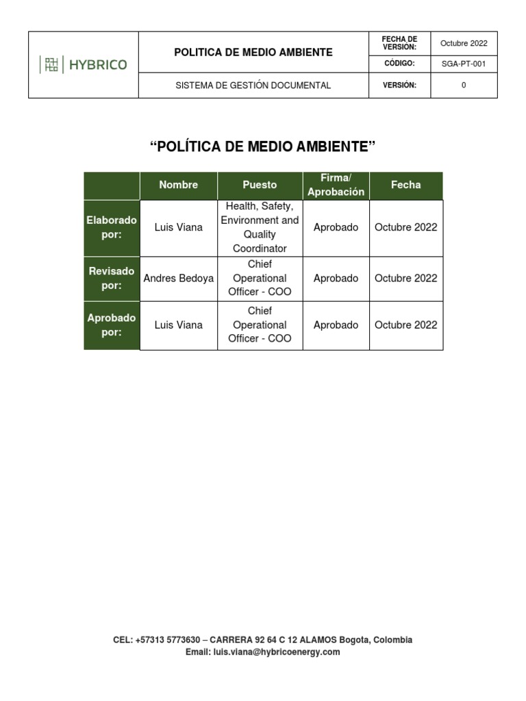 SGA-PO-001 POLITICA AMBIENTAL | PDF | Sustentabilidad | Desarrollo ...
