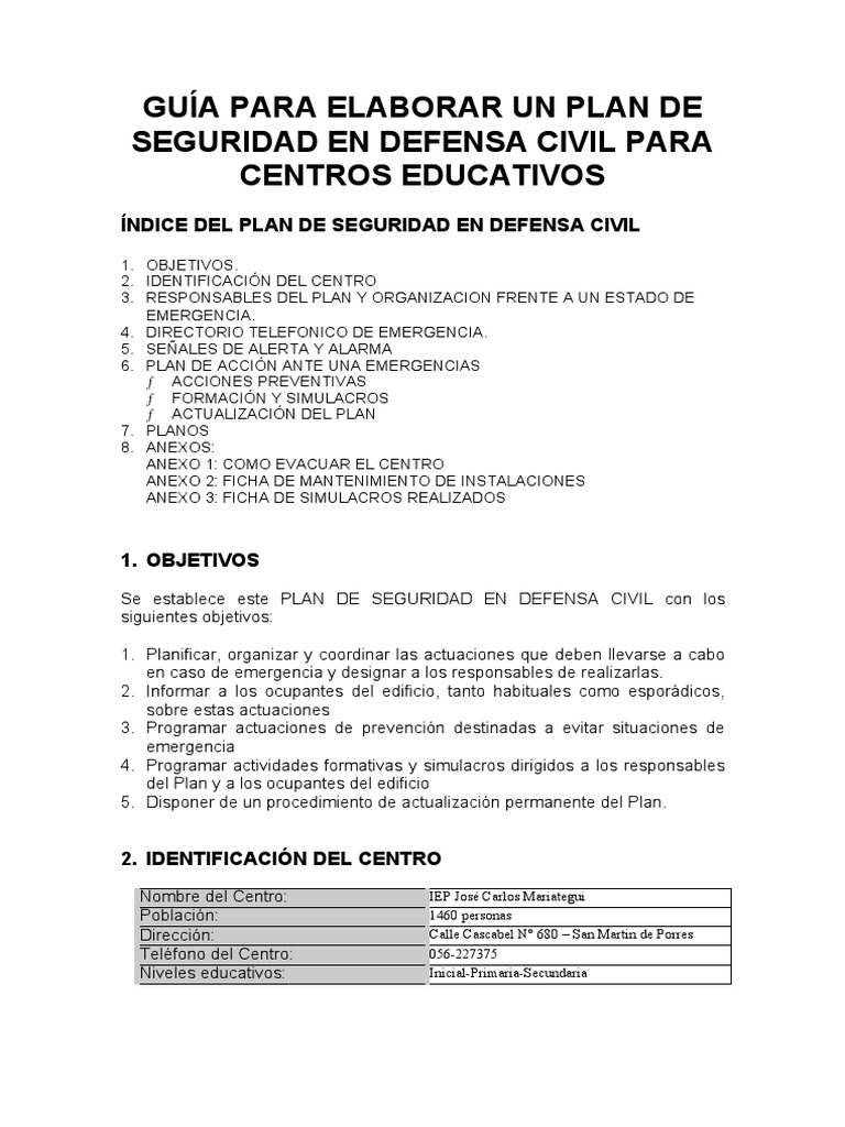 Plan Seguridad Escolar Defensa Civil | PDF | Incendios | Defensa Civil