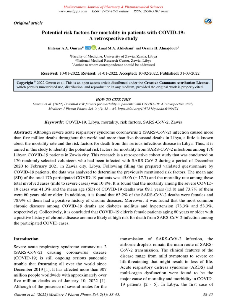 Potential Risk Factors For Mortality in Patients With COVID-19: A ...
