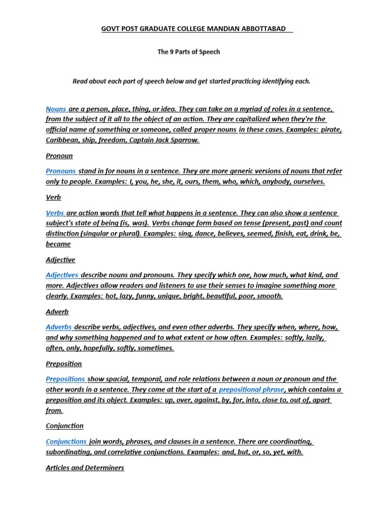 The 9 Parts of Speech PDF Noun Part Of Speech