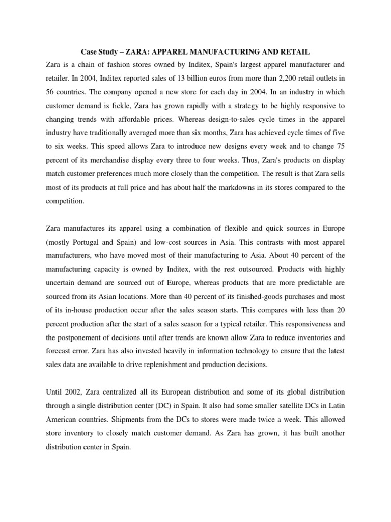 Case Study Zara Apparel Manufacturing and Retail PDF Retail